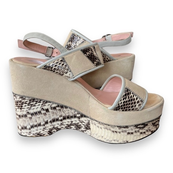Opening Ceremony Cream Suede Leather & Snakeskin Ankle Strap Platform Wedges - Picture 7 of 12